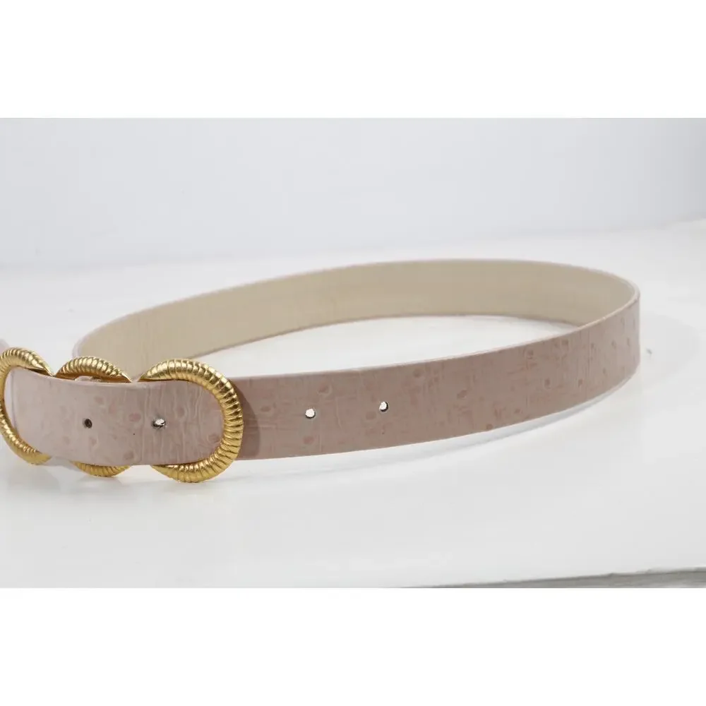 VTG Carlisle Blush Pink Ostrich Leather Belt Gold Ribbed Triple Ring Buckle M
